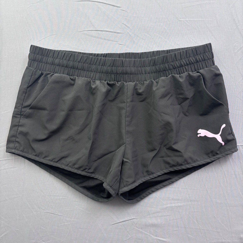 Puma‎ Womens Running Shorts Black Pink Logo Elastic Waist Mesh Lined Size Medium